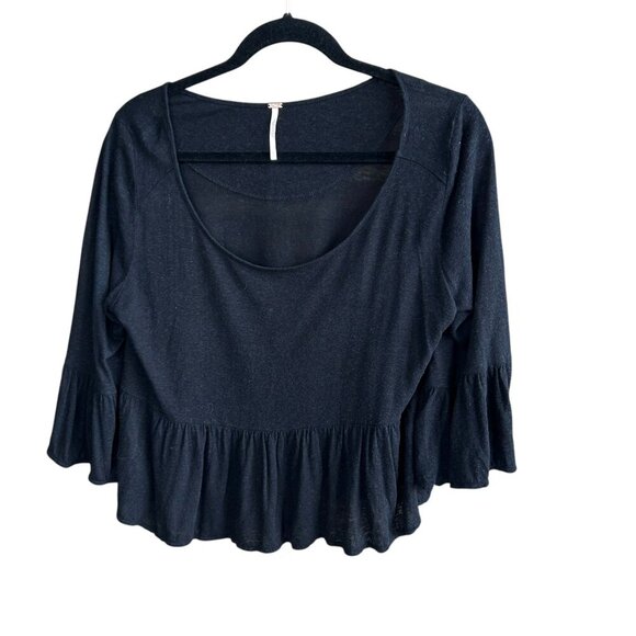 Free People Black Scoop Neck Ruffle Peplum Cropped Sweater Size Small - Picture 1 of 8